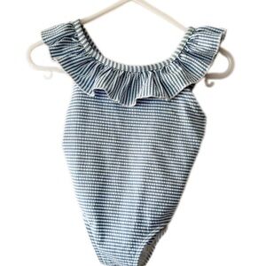 H&M Blue and White Striped Ruffle Swimsuit 6/12 months